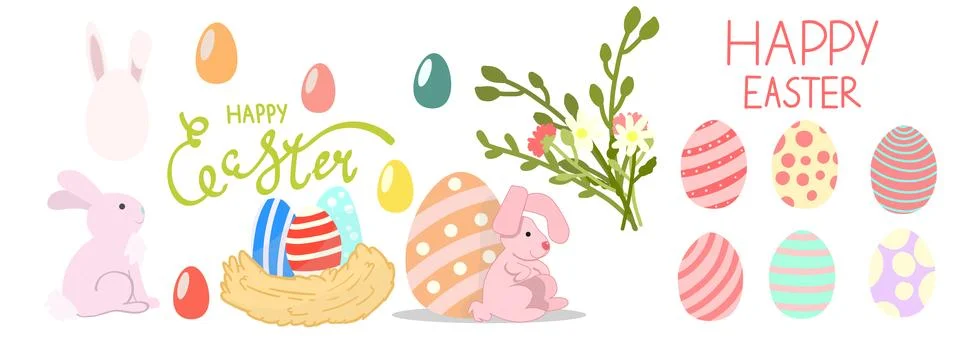Set of vector elements for design for the Easter holiday. Rabbit, colored eggs, Illustrazione stock