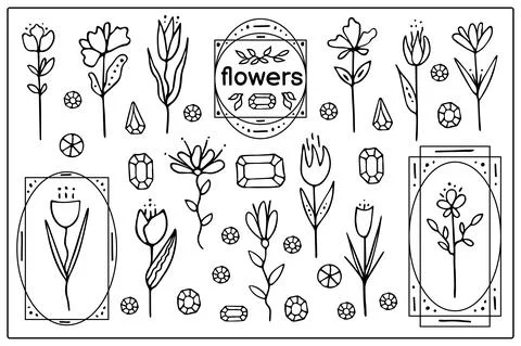 Set vector elements with flowers, frames and crystals. Logo design 스톡 일러스트