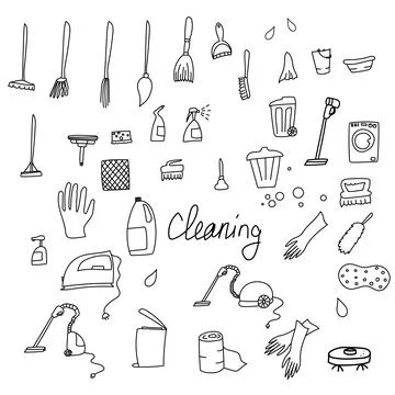 Set of vector elements with items for cleaning. Washing machine, powder, vacuum Ilustración de archivo