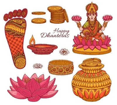 Set of vector elements for religious indian holiday Happy Dhanteras and Diwali Stock Illustration