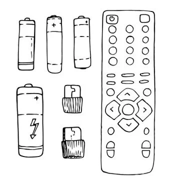 Set of vector elements remote control and batteries, written by hand in black Stock Illustration