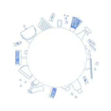Set of vector elements for spring house cleaning arranged in a circle. Ilustración de archivo