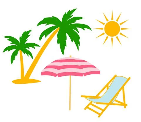 Set of vector elements. Summer holidays, sun, beach umbrella, palm tree and 스톡 일러스트