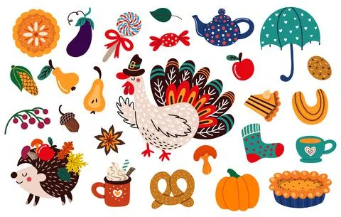 Set of vector elements for Thanksgiving celebration 库存插图