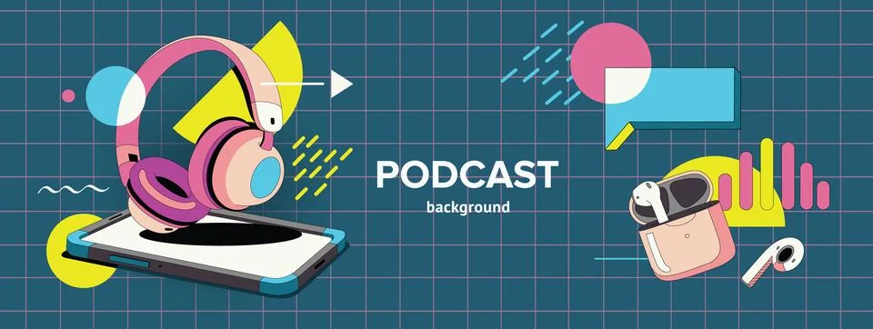 Set of vector elements on the topic of podcast. Headphones in the style of .. Stock Illustration