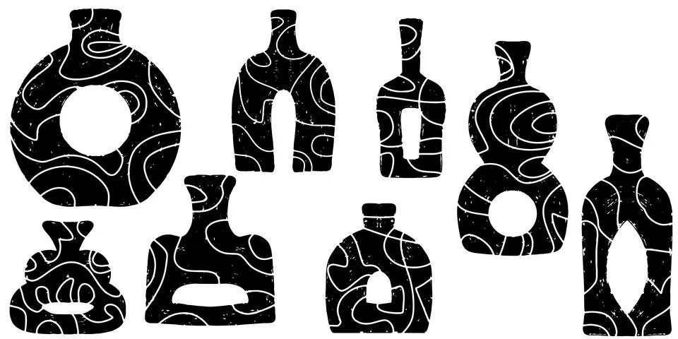 Set of vector elements, vase silhouettes, linocut Stock Illustration