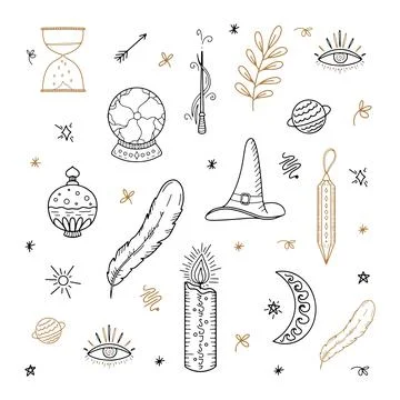 Set of vector elements of witch magic. Hand-drawn, doodles, sketch magician. Stock Illustration