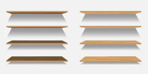Set of Vector empty wooden or plastic shelves isolated on white background Stock Illustration