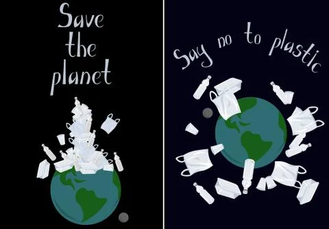 Set of vector environmental postcards. Save the planet, say no to plastic. Gl Stock Illustration
