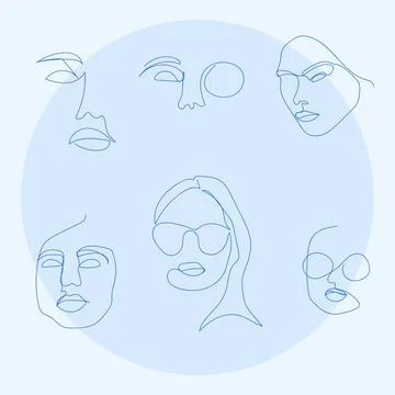 Set vector face woman line art. Continuous line, fashion minimalist concept. Stock Illustration