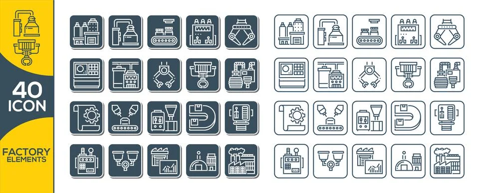 Set of vector factory elements icons. Icons are in flat line design with elem Stock Illustration