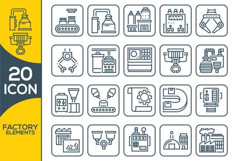 Set of vector factory elements icons. Icons are in flat line design with elem Stock Illustration