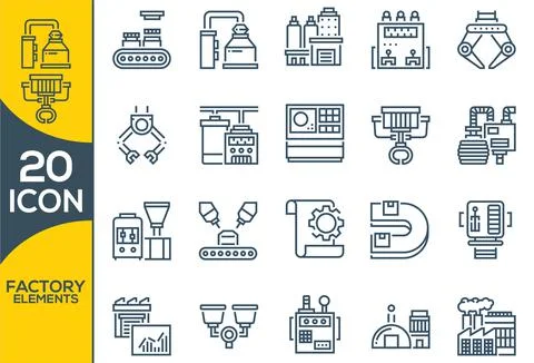 Set of vector factory elements icons. Icons are in flat line design with elem Stock Illustration