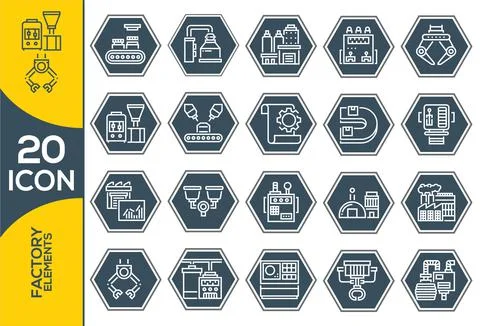 Set of vector factory elements icons. Icons are in flat line design with elem Illustrazione stock
