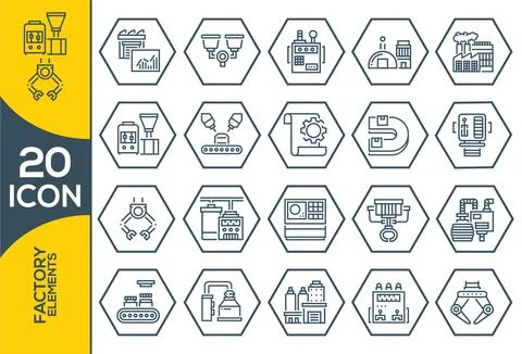 Set of vector factory elements icons. Icons are in flat line design with elem Illustrazione stock