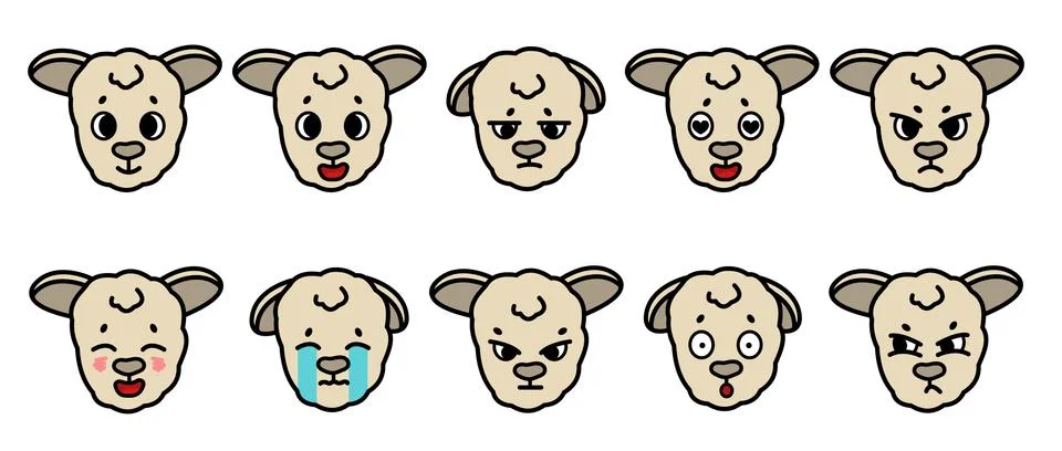 Set of vector farm isolated muzzle sheep animal with different emotion. Happy Stock Illustration
