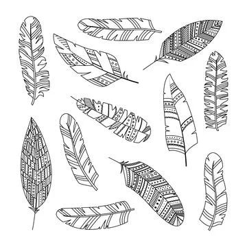 Set of vector feathers in boho style with geometric ornaments. Line art 스톡 일러스트