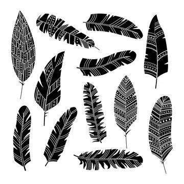 Set of vector feathers in boho style with geometric ornaments. Simple style Stock Illustration