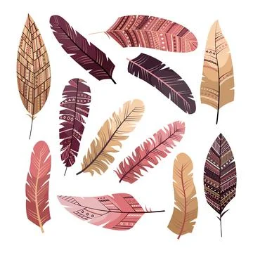 Set of vector feathers in boho style with geometric ornaments. Flat style Stock Illustration