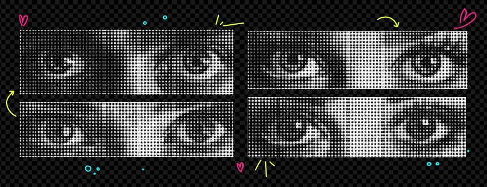 Set of vector female eyes as if png elements cut out of a magazine. Vibrant acid Stock Illustration