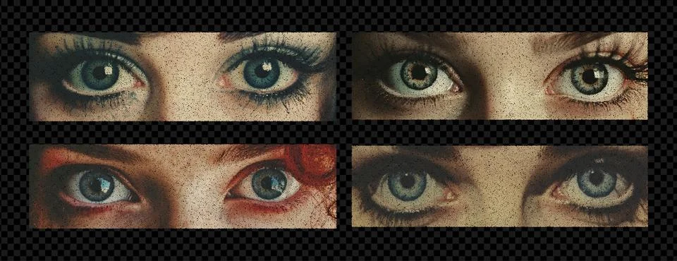 Set of vector female eyes as if png elements cut out of a magazine. Vibrant acid イラスト素材