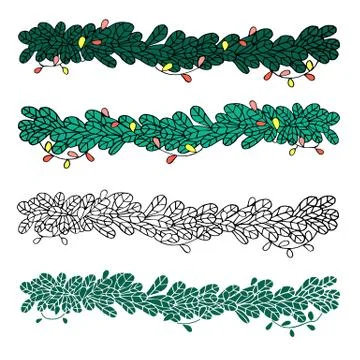 Set of vector fir tree branches with garlands on a white background. Stock Illustration