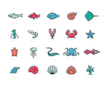 Set of vector fish and sea food colored line icons. Shrimp, oyster, squid, crab 스톡 일러스트