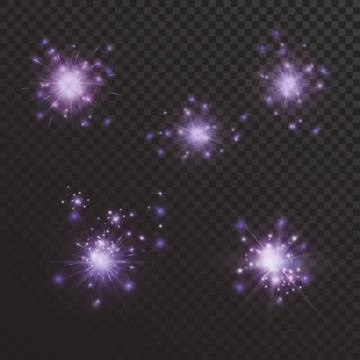 Set of vector flares or flash with rays and sparks of purple on a translucent Stock-Illustration