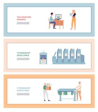 Set of vector flat banners with concept of industrial print production. Stock Illustration