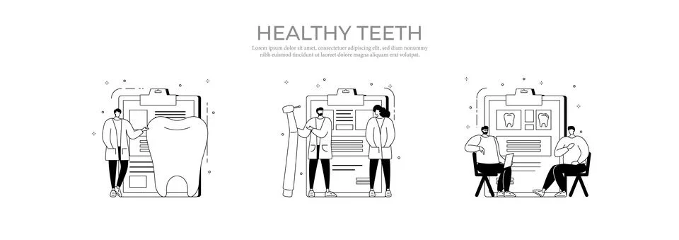 Set of vector flat black and white color teeth care concept square composition Stock Illustration