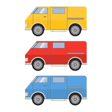 A set of vector flat cargo vans on delivery of different goods. Stock Illustration