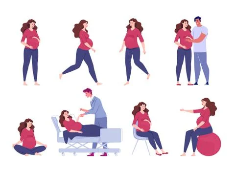 Set of vector flat cartoon illustrations of pregnant woman. Illustrazione stock
