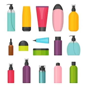 Set of vector flat colorful cosmetic bottles Stock Illustration