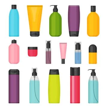 Set of vector flat colorful cosmetic bottles Stock Illustration