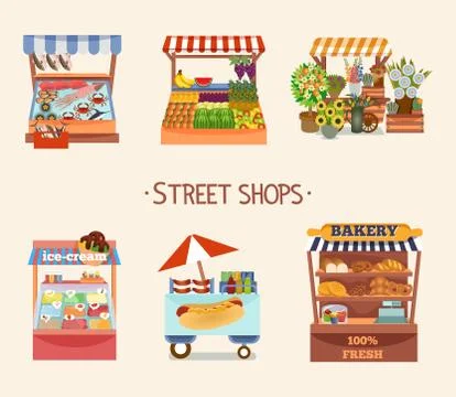 Set of vector flat design street shops. Stock Illustration