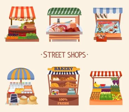 Set of vector flat design street shops. Stock Illustration