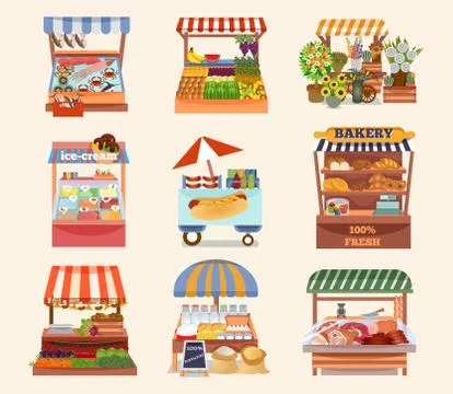 Set of vector flat design street shops. Stock Illustration