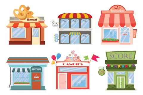 Set of vector flat designer restaurants and shops icons of facades. Stockillustratie