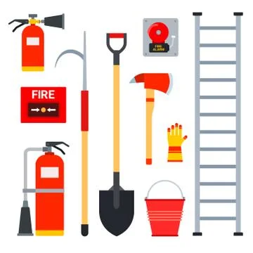 Set vector flat icons of fire fighting equipment. Fire safety facilities Stock Illustration