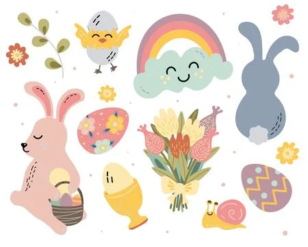 Set of vector flat illustrations easter easter bunnies eggs flowers Illustrazione stock