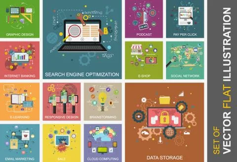 Set of vector flat illustrations. Stock Illustration