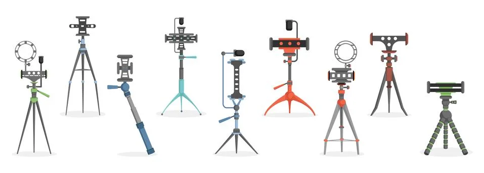 Set of vector flat illustrations of monopods, tripods, and selfie sticks for Stock Illustration