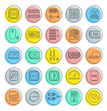 Set Vector Flat Line Icons Upgrading Computer Illustrazione stock