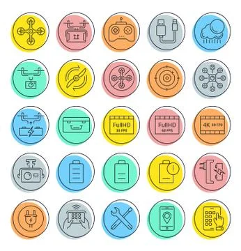 Set Vector Flat Line Icons Drones Stock Illustration
