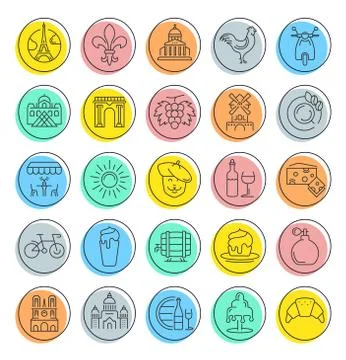 Set Vector Flat Line Icons France and Paris Stock Illustration
