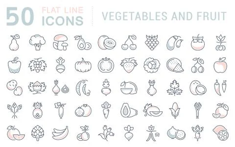Set Vector Flat Line Icons Vegetables and Fruit Stock Illustration