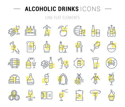 Set Vector Flat Line Icons Alcoholic Drinks Stock Illustration
