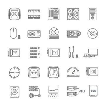 Set Vector Flat Line Icons Upgrading Computer 库存插图