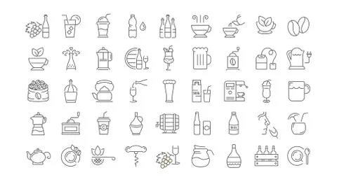 Set Vector Flat Line Icons Drinks and Alcohol Stock Illustration