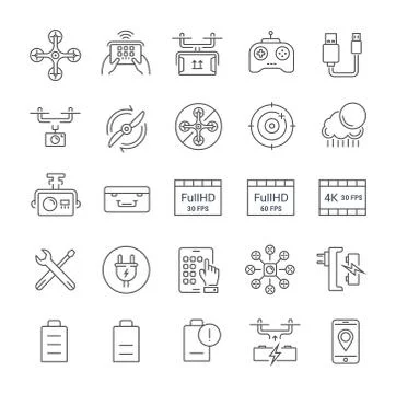 Set Vector Flat Line Icons Drones Illustrazione stock